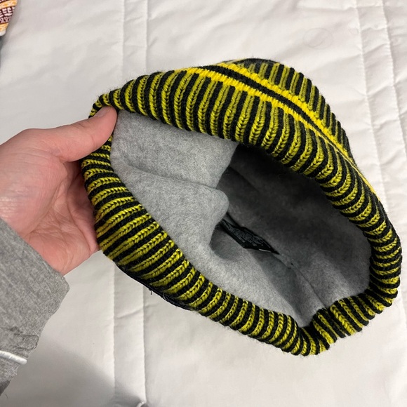 Knit and fleece blue, yellow, and white striped University of Michigan beanie - Picture 4 of 5